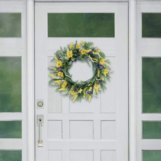 30" Yellow & Purple Poppy & Fern Floral Spring Wreath